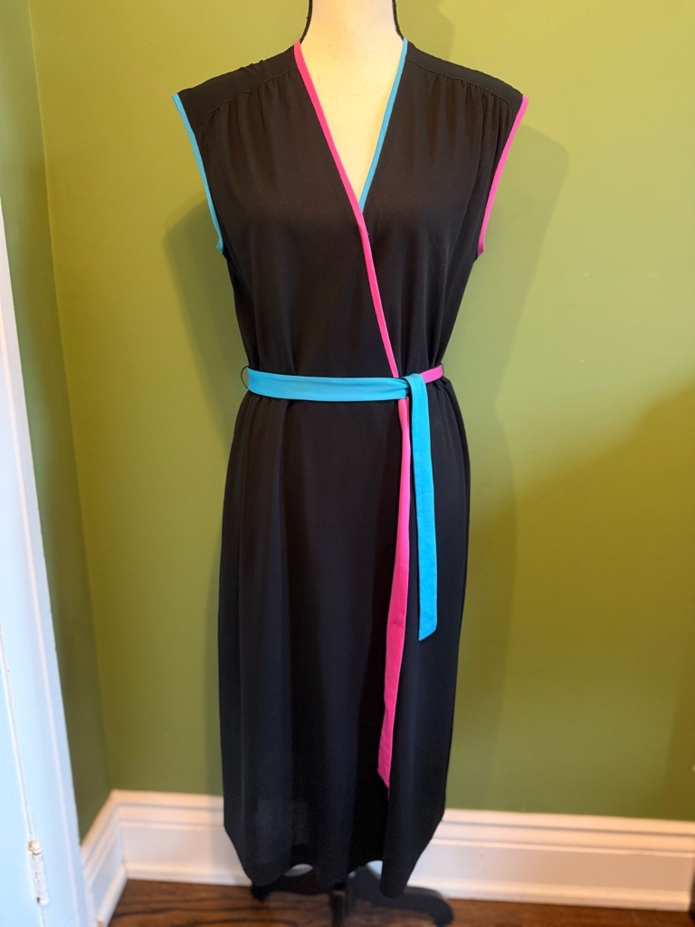 Vintage 70’s Black Sleeveless Wrap Dress with Pink & Turquoise Trim